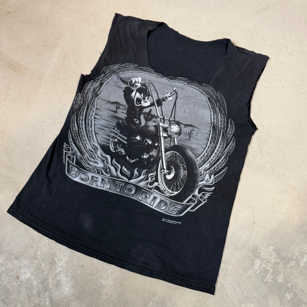 Vintage 1996 Warner Bros Sylvester Born To Ride Muscle Tee Black Cutoff Shirt